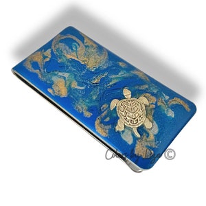 Antique Silver Turtle Money Clip: Hand-Painted Nautical Design