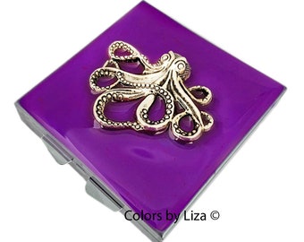 Octopus Pill Box Hand Painted Glossy Purple Orchid Opaque Enamel Nautical Design with Personalized and Color Options Available