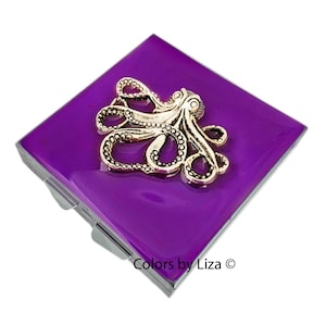 Octopus Pill Box Hand Painted Glossy Purple Orchid Opaque Enamel Nautical Design with Personalized and Color Options Available image 1