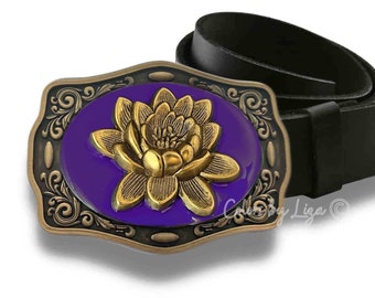 Antique Gold Lotus Belt Buckle Inlaid in Hand Painted Purple Opaque Enamel Vintage Style Flower Design with Custom Colors Available