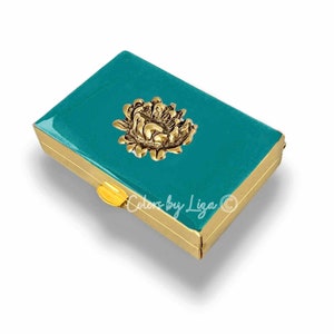 Hand Painted Lotus Flower Pill Box: Teal Enamel, Personalized Option