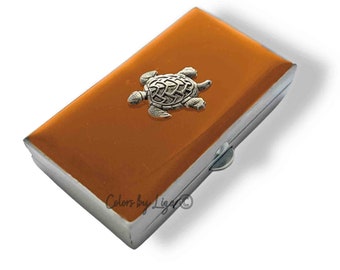 Sea Turtle Pill Box Hand Painted Orange Enamel Tropical Chic Inspired Pill Case with Personalized and Color Options