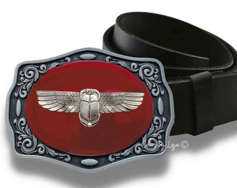 Scarab Belt Buckle Inlaid in Hand Painted Red Enamel Art Deco Beetle Inspired Belt Buckle with Custom Colors Available