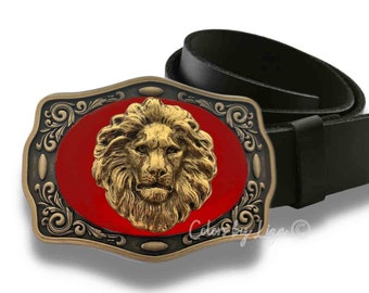 Antique Gold Lion Belt Buckle Inlaid in Hand Painted Red Opaque Enamel Vintage Style Leo Design with Custom Colors Available