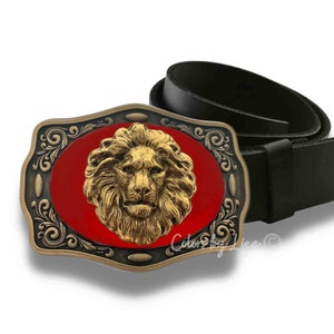 Antique Gold Lion Belt Buckle Inlaid in Hand Painted Red Opaque Enamel Vintage Style Leo Design with Custom Colors Available