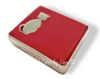Boîte à pilules chat en émail rouge : inspiration Art déco, option personnalisée