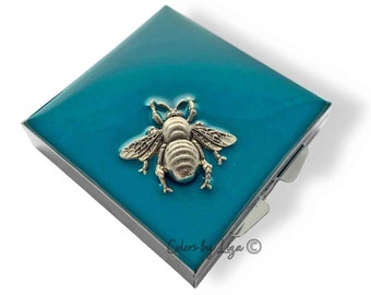 Bee Pill Box with 4 Compartments in Hand Painted Turquoise Opaque Enamel Art Nouveau Insect with Personalized and Color Option