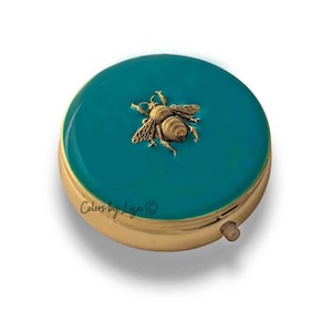 Antique Gold Bee Pill Box Inlaid in Hand Painted White Enamel Vintage Style Inspired with Personalize and Color Options Available image 6