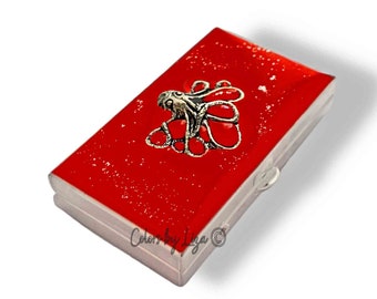 Octopus Pill Box Hand Painted Red with Silver Splash Enamel Vintage Nautical Style with Personalized and Color Options