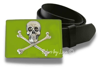 Skull and Crossbones Belt Buckle Inlaid in Chartreuse Opaque Hand Painted Enamel Vintage Style for Snap Belts with Custom Colors Available