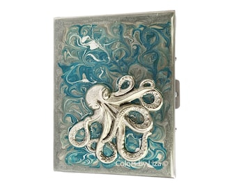 Octopus Cigarette Case in Hand Painted Turquoise with Silver Swirl Design Enamel  Vintage Style  with Colors and Personalized Options