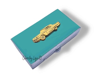 Retro Car Pill Box Hand Painted Sky Blue Enamel Vintage Style Thunderbird Inspired Case with Personalized and Color Options