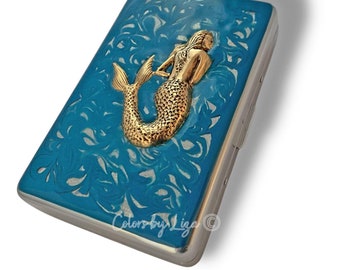 Mermaid Cigarette Case: Turquoise Enamel, Vintage Style, Personalized