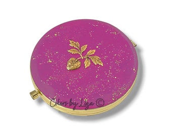 Gold Strawberry Compact Mirror inlaid in Hand Painted Fuchsia with Gold Splash Enamel Fruit Design with Personalized and Color Options