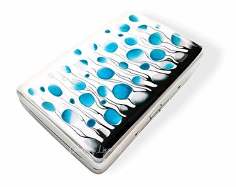 Hand Painted Cigarette Case Turquoise and White Enamel Blossom Inspired Metal Wallet Personalized and Colors Options