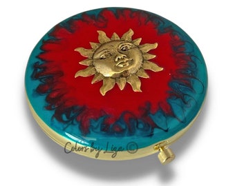 Antique Gold Sun Compact Mirror Inlaid in Hand Painted Red and Turquoise Enamel Quartz Inspired with Personalize and Assorted Color Options