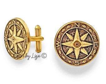 Compass Rose Medallion Cufflinks Vintage Style Antique Gold Plated Nautical Inspired Accessories with Tie Pin and Tie Clip Set Options