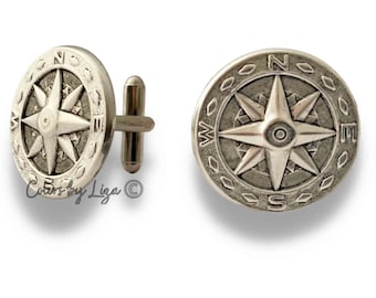 Compass Rose Medallion Cufflinks Vintage Style Antique Sterling SIlver Plated Nautical Inspired Accessories