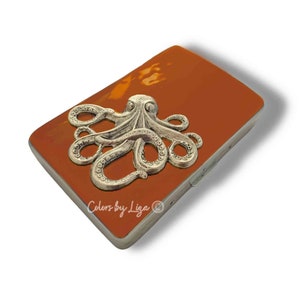 Octopus Cigarette Case Inlaid in Hand Painted Orange Enamel Modern Vintage Nautical Design Personalize and Color Options