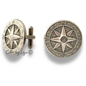 Compass Rose Medallion Cufflinks Vintage Style Antique Sterling SIlver Plated Nautical Inspired Accessories