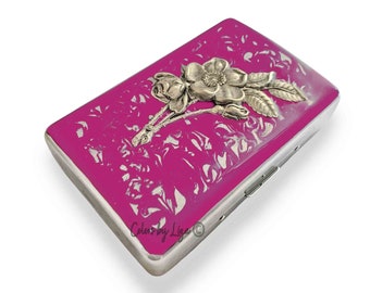 Handgeschilderd victoriaanse sigarettenkoker met bloemen, glazuur framboos, gepersonaliseerd