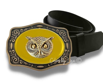 Antique Gold Owl Belt Buckle Inlaid in Hand Painted Yellow Opaque Enamel Vintage Style Bird Design with Custom Colors Available