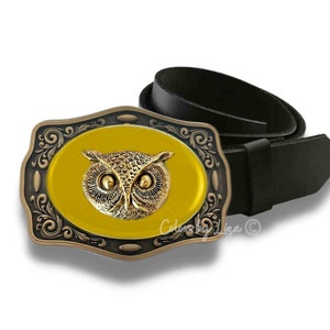 Antique Gold Owl Belt Buckle Inlaid in Hand Painted Yellow Opaque Enamel Vintage Style Bird Design with Custom Colors Available image 1