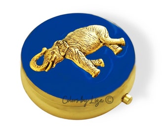 Pastillero de elefante pintado a mano: acabado dorado antiguo, esmalte azul cobalto, personalizado