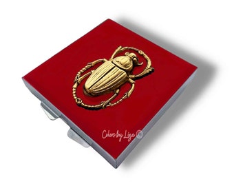 Scarab Pill Box inlaid in Hand Painted Red Opaque Enamel Egyptian Beetle Deco Inspired with Personalize and Color Options