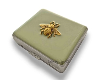 Gold Bee Weekly Pill Box with 8 Compartment Inlaid in Hand Painted Taupe Enamel Art Nouveau Inspired Personalize and Custom Color Options