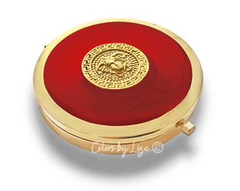 Medusa Pill Box Inlaid in Hand Painted Glossy Red Enamel Vintage Style Greek Mythology Medallion with Personalized and Color Options