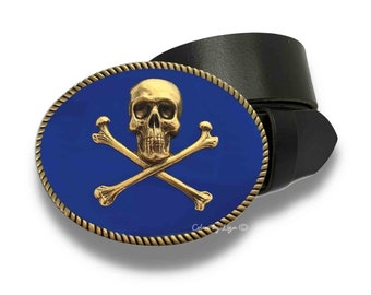 Skull and Crossbones Belt Buckle in Cobalt Blue Enamel with Vintage Style Statement Piece with Color Options Available