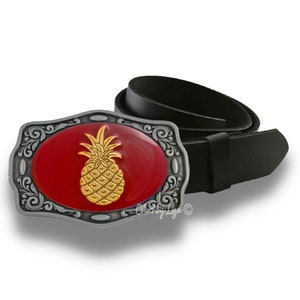 Hand Painted Pineapple Belt Buckle: Antique Gold & Red Enamel