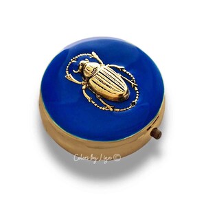 Scarab Pill Box, Vintage Style, Art Deco Inspired, Personalized Gift and Color Options Available, Inlaid in Hand Painted Cobalt Enamel