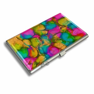 Visitenkartenetui in Fuchsia, Türkis, Limette und Gold in handbemalter Emaille Pfau inspiriert mit personalisierten und Farboptionen