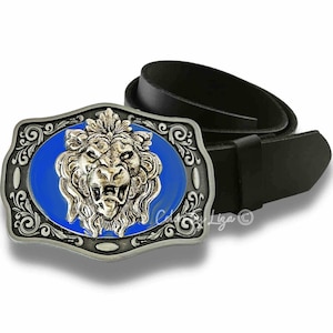 Antique Silver Lion Belt Buckle, Leo Design, Medieval Style, Inlaid in Hand Painted Cobalt Blue Opaque Enamel with Custom Colors Available