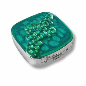 Recycled Glass Pill Box with Mirror Inlaid within Hand Painted Teal Enamel with Personalized and Color Options Available