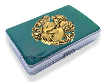 First Kiss Cigarette Case Inlaid in Hand Painted Teal Enamel Metal Wallet Art Nouveau Angel Design with Personalized and Color Options