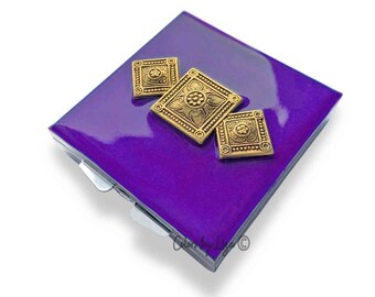 Art Deco Pill Box inlaid in Hand Painted Purple Orchid Opaque Enamel Moorish Geometric Inspired with Personalize and Color Options