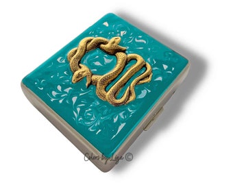 Snake Weekly Pill Case with Individual Organizers in Hand Painted Teal Swirl Enamel Wrap Around Serpent with Personalized and Color Options