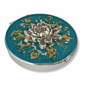 Lotus Pill Box with 7 Compartments in Hand Painted Turquoise Quartz Inspired Enamel Vintage Style Lily with Personalized and Color Options