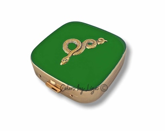 Antique Gold Serpent Pill Box: Green Enamel Art Deco, Personalized Option