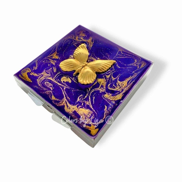 Antique Gold Butterfly Pill Box in Hand Painted Purple and Gold Swirl Enamel Art Nouveau Style Personalized and Color Options