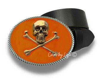 Antique Gold Skull and Crossbones Belt Buckle inlaid in Hand Painted Glossy Orange Opaque Enamel Nautical Style with Color Options