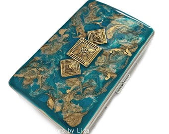 Art Deco Metal Cigarette Case in Hand Painted Turquoise and Gold Enamel Quartz Inspired Metal Wallet with Color and Personalized Options