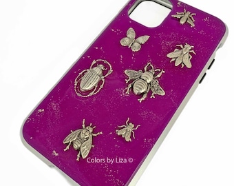 Insect Iphone or Galaxy Case in Glossy Enamel Magenta with Silver Splash Neo Victorian Bugs Collection Design with Assorted Color Options