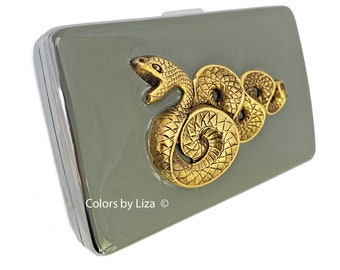 Serpent Cigarette Case Inlaid in Hand Painted Taupe Enamel Metal Wallet Art Deco Design with Personalized and Color Options