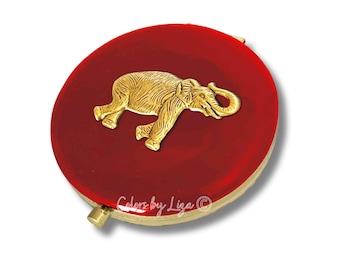 Antique Gold Elephant Compact Mirror: Hand Painted Red Green Enamel, Personalized