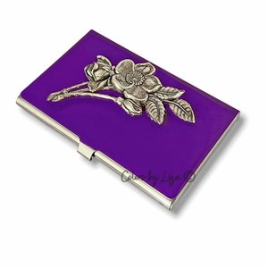 Hand Painted Floral Business Card Case: Antique Silver Flowers, Purple Enamel