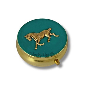 Antique Gold Horse Pill Box Inlaid in Hand Painted Glossy Teal Enamel Vintage Style with Personalize and Color Options Available image 1